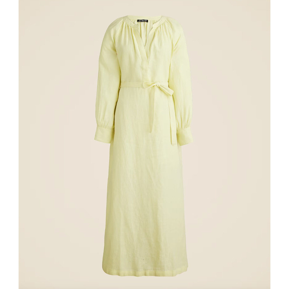 J.Crew Cabana Dress Linen Midi Long Sleeve Pale Flax Yellow Belted Small NWT - Picture 4 of 15